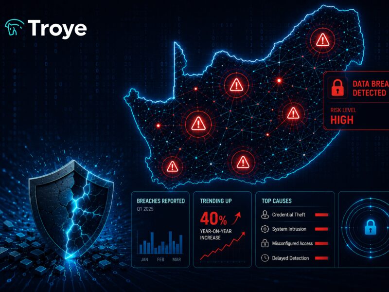 Cybersecurity dashboard showing South Africa data breach risks, threat alerts, cyber resilience metrics, and security monitoring visualisations.