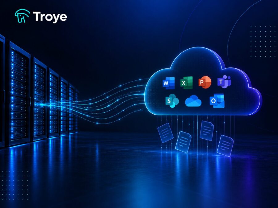 Microsoft 365 cloud data connected to secure infrastructure, highlighting the importance of independent backup and recovery.